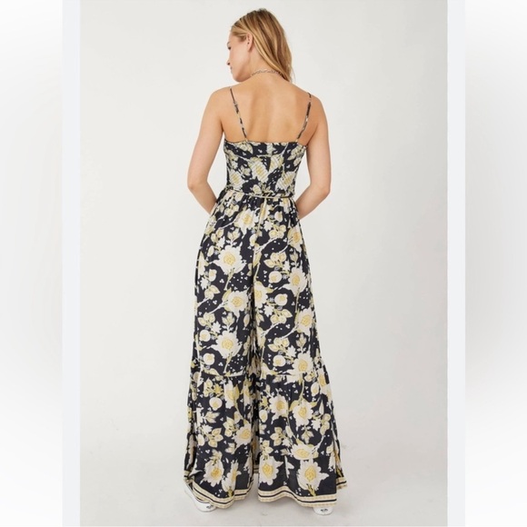Free People Black Yellow Little of your Love Smocked Floral Jumpsuit size small - Picture 2 of 14
